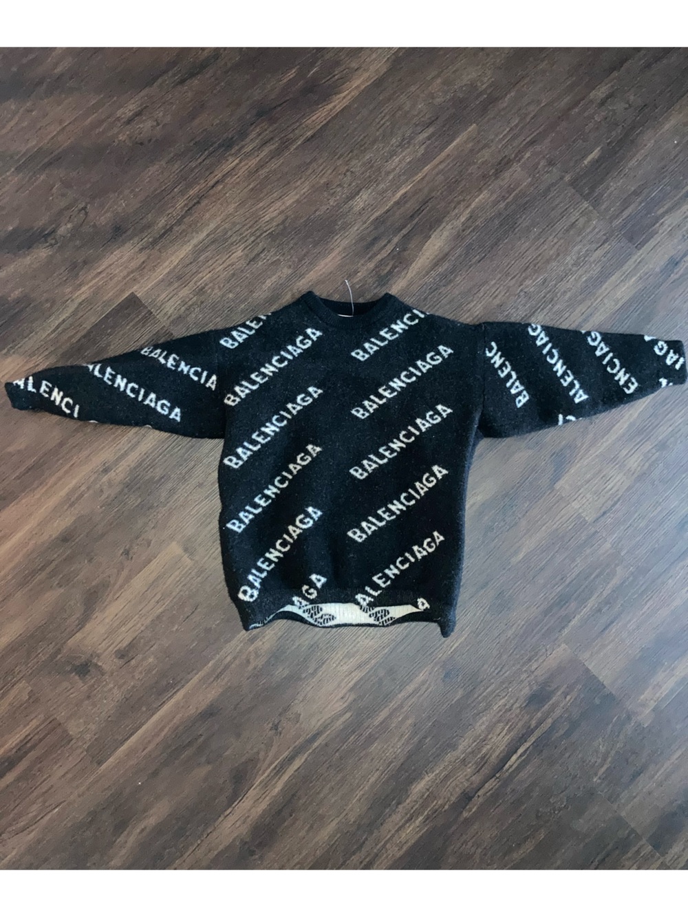Balenciaga women’s Black Crewneck Sweater with White All-Over Logo size xxs
